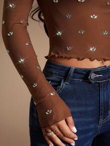 Radiana 女士立领插肩袖修身水钻网纱透视衬衫 - 棕色 - 查看 8