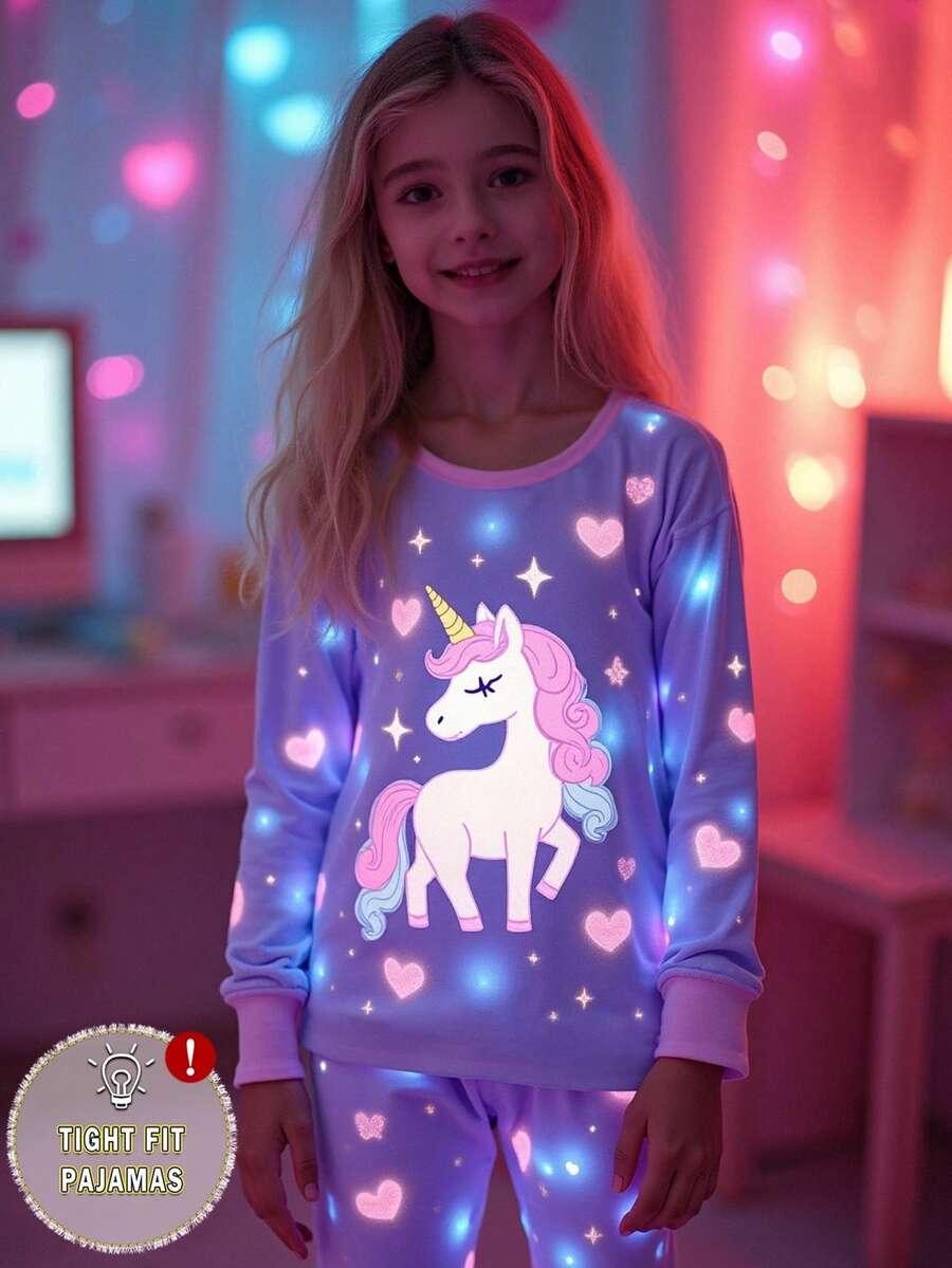 一套少女春秋季时尚紫色独角兽爱心印花高弹紧身面料两件套睡衣