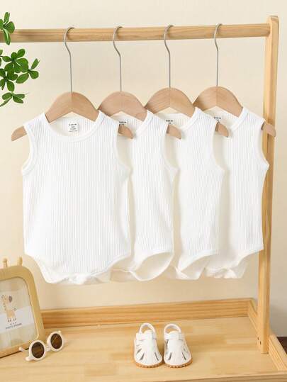 SHEIN 4pcs/Set Cute Casual Solid Color Knit Round Neck Short Sleeve Bodysuit Outfit, Suitable For Spring/Summer, Baby Boy/Baby Girl