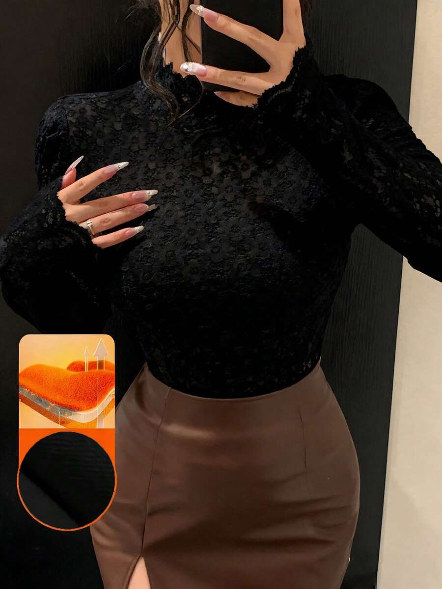 DAZY 女士修身优雅抓绒T恤，秋冬长袖 - 黑色 - 查看 1