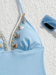 SHEIN Bộ bikini hai dây có thể điều chỉnh được cho bé gái tuổi teen, chất liệu vải gân xanh, họa tiết vỏ sò và sao biển - Màu xanh lam - Xem 3