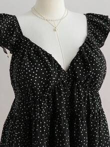 Soleia Váy ngắn hở lưng họa tiết chấm bi đỏ viền xòe cho nữ cỡ lớn, kỳ nghỉ xuân - Đen và trắng - Xem 3