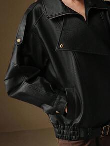 Anewsta Women's Solid Color PU Leather Pocket Zipper Front Loose Casual Jacket - Black - View 6