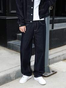 Manfinity EMRG Jeans larghi e comodi da uomo con ricamo sulla tasca posteriore, blu navy