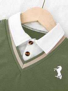 SHEIN Playful Pals طقم طفل ولد، ملابس علوية بولو طويلة الأكمام مريحة مصنوعة من الأكريليك 2 في 1 مع بنطال خصر مطاطي كاجوال، تصميم فريد مناسب للخريف كالعطلات والاستخدام اليومي وما شابه - أخضر عسكري - مشاهدة 3