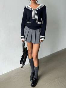 Lyxana 女士休闲学院风百搭秋冬针织上衣，翻领设计，撞色系带，修身腰部剪裁，柔软舒适 - 彩色 - 查看 5