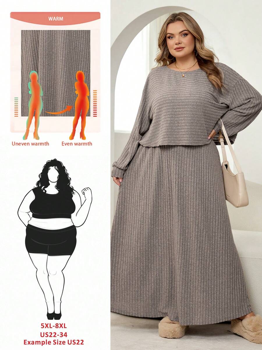 SHEIN CURVE+ 大码女式休闲纯色长袖上衣和半裙两件套，秋季两件套 - 卡其色 - 查看 1