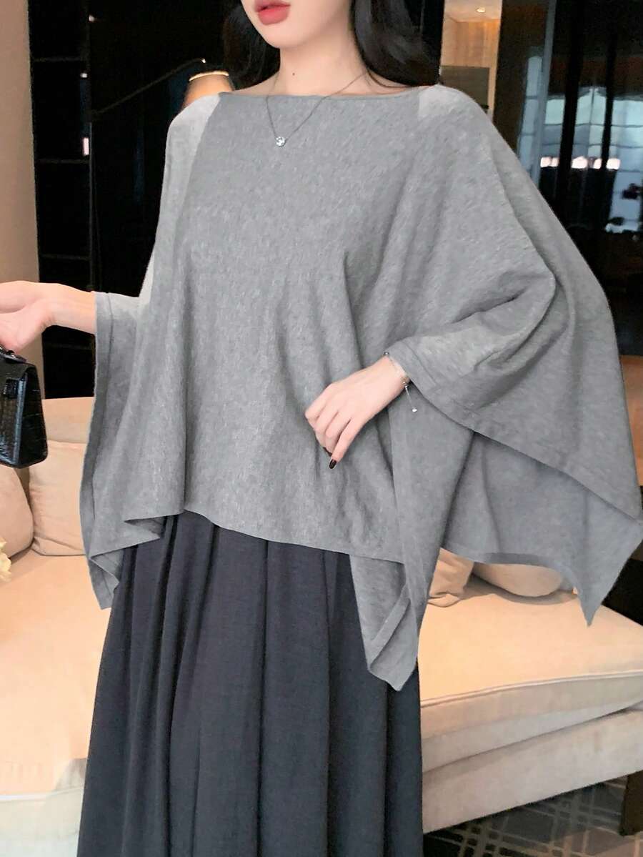 DAZY 女士纯色宽松斗篷套头衫优雅针织毛衣，秋冬款 - 灰色 - 查看 1