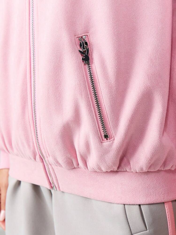 Missguided x Playboy Bunny Logo Zip Up Jacket With Ribbed Hem And Cuffs For Casual Everyday Outerwear