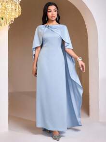 Veilorie Women's Elegant Blue Sleeveless Cape Sleeve Dress - Dusty Blue - View 6