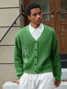 SWAVVY 男士标准尺码落肩长袖针织套头毛衣，罗纹针织刺绣针织衫，男士针织开衫，绿色开衫，男士毛衣，印花绿色男士毛衣 - 綠色 - 查看 6