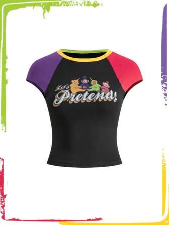 Teletubbies X ROMWE تي شيرت مناسب للنساء بنمط كرتوني ملون متباين، صيفي