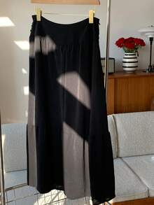SHEIN EZwear Women's Fashionable Ruched Solid Color High Slit Long Skirt For Vacation - Black - View 2