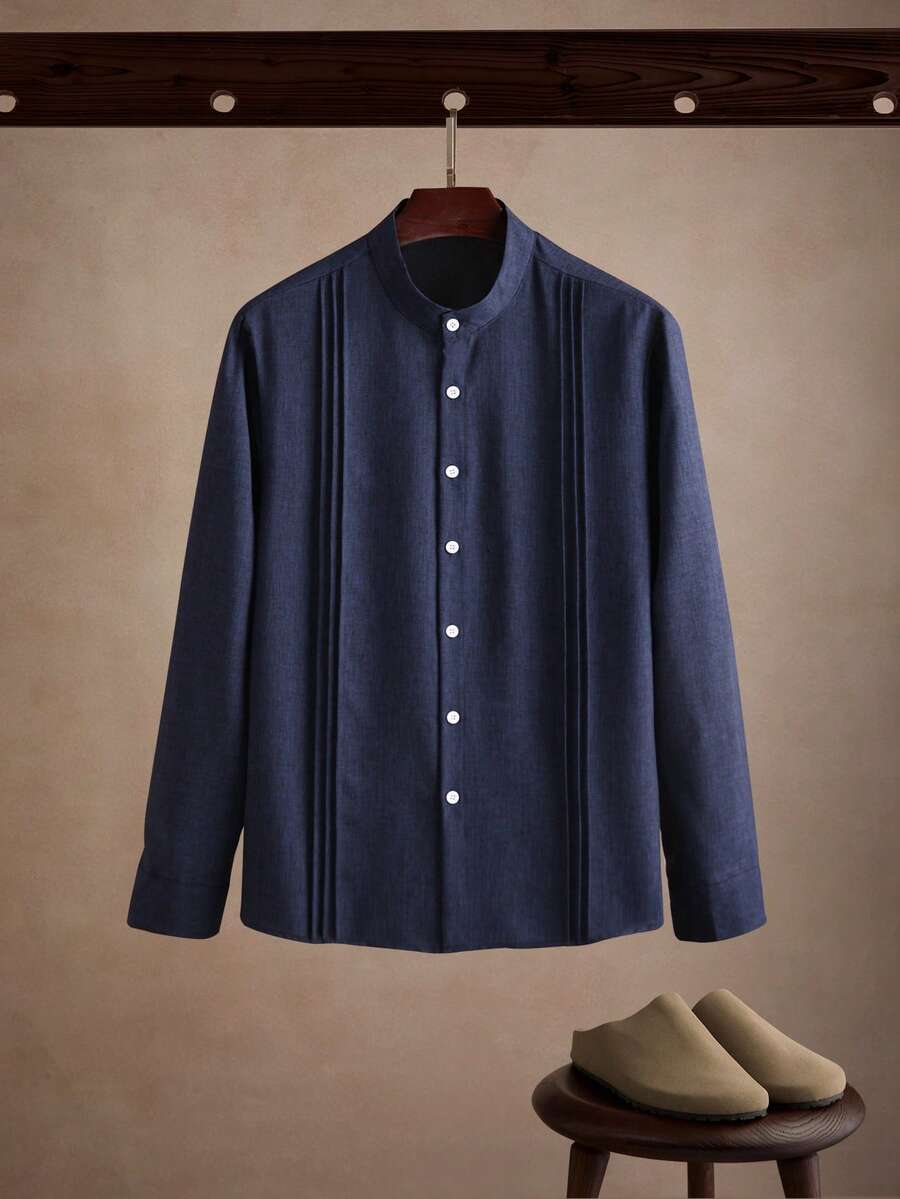Core Aspect Camisa casual de manga larga con cuello mao para hombre, adecuada para uso diario, camisa de vestir con botones de color azul marino, Old Money, otoño - azul real - Ver 1