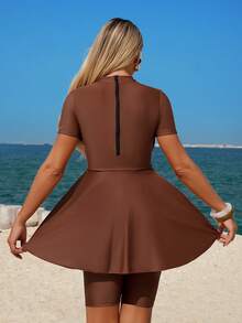 Swim Mulvari 2pcs Women's Fashionable Zip-Up Tankini Top And Shorts Swimsuit Set, Coffee Color, With Gold Chain Accent, For Spring/Summer - Coffee Brown - View 5