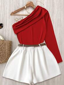 INAWLY Plus Size Women Off Shoulder Solid Top And Elastic Waist Skirt Pants Set, Fashionable - Red - View 2