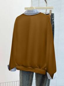 Franclia Striped Print Collared Casual Pullover Sweatshirt - Brown - View 2