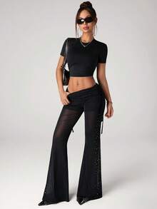 SHEIN ICON Women's Sexy New Years Club Party Black Bling Drawstring Waist Mesh Flare Leg Pants, Fashionable & Sexy Valentine's Day - Black - View 5