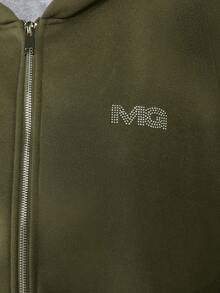 MISSGUIDED Hotfix Rhinestone Zip Through Hoodie With Centre Pocket And Drawstring Hood For Casual Everyday Wear - Khaki - View 7