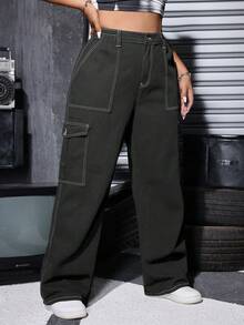 Plus Size Women Loose Fit Elastic Waist Washed Denim Cargo Pants - Dark Grey - View 1