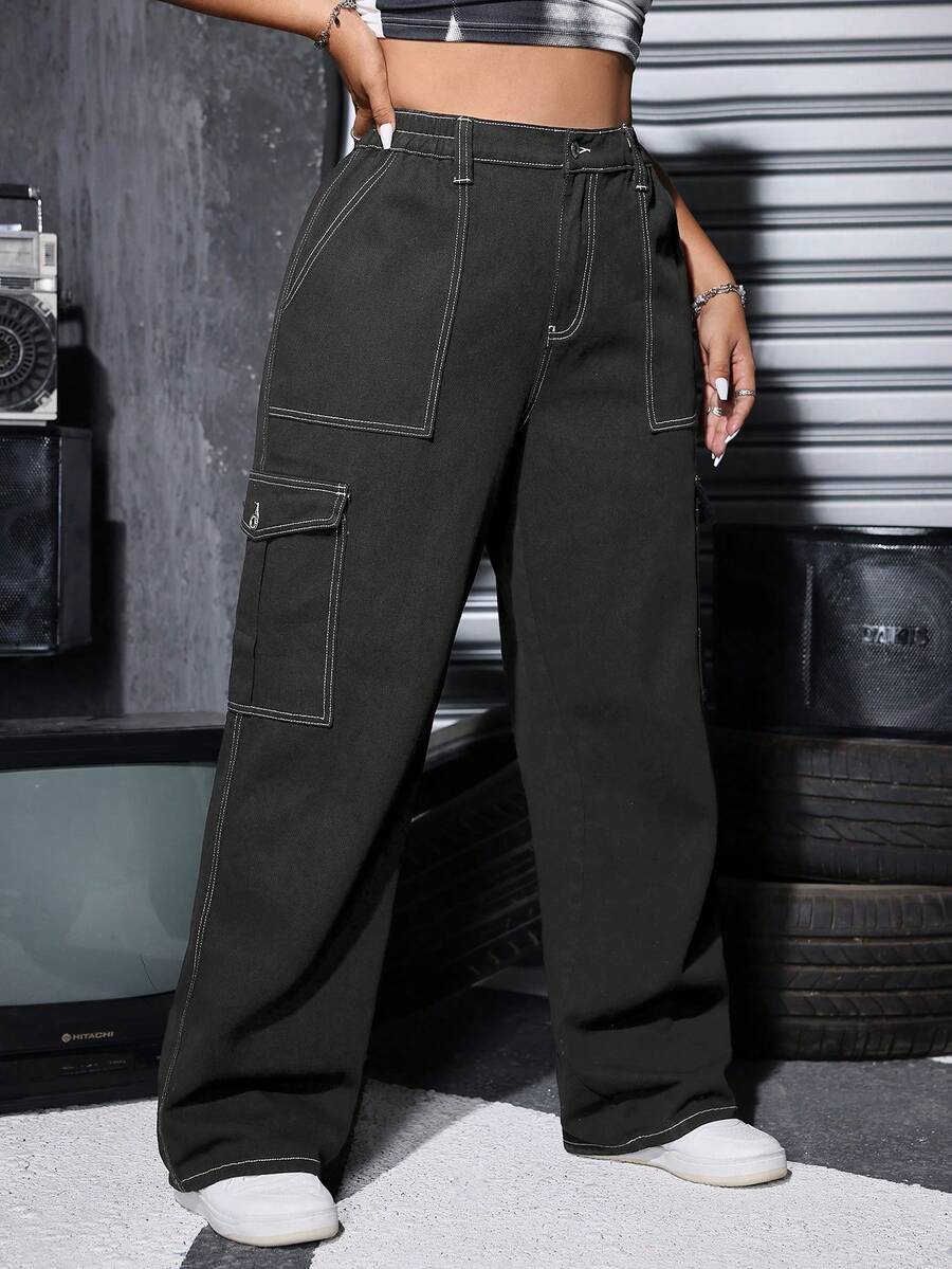Plus Size Women Loose Fit Elastic Waist Washed Denim Cargo Pants - Dark Grey - View 1