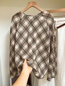 SHEIN Frenchy Women's Plaid Round Neck Raglan Sleeve Casual Loose Top,Brown And Cream,Autumn,Vintage,Everyday Korean Style Long-Sleeved Shirt For Vacation,Holiday - Multicolor - View 5