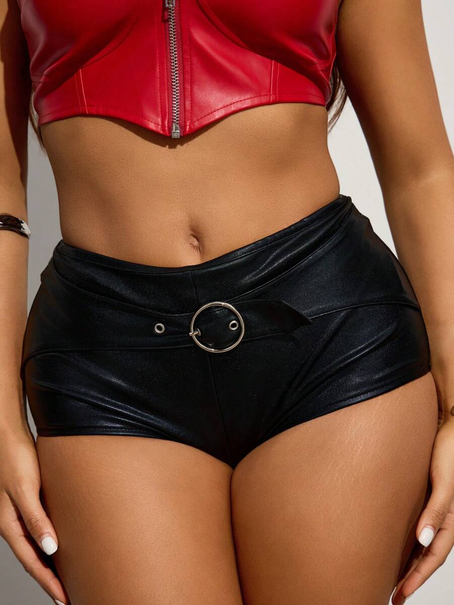 INAWLY Shorts cortos súper sexys con detalle de hebilla para mujer, de verano - Negro - Ver 1
