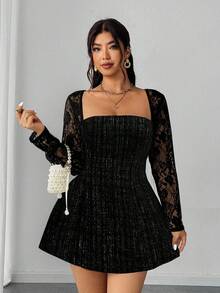 Elenzga 大码女式蕾丝拼接长袖收腰连衣裙 - 黑色 - 查看 5
