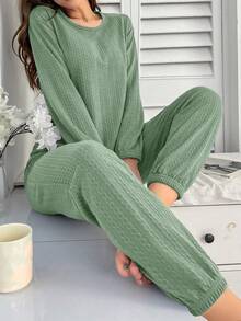 Women's Jacquard Knit Long Sleeve Top And Pants Pajama Set - Mint Green - View 3