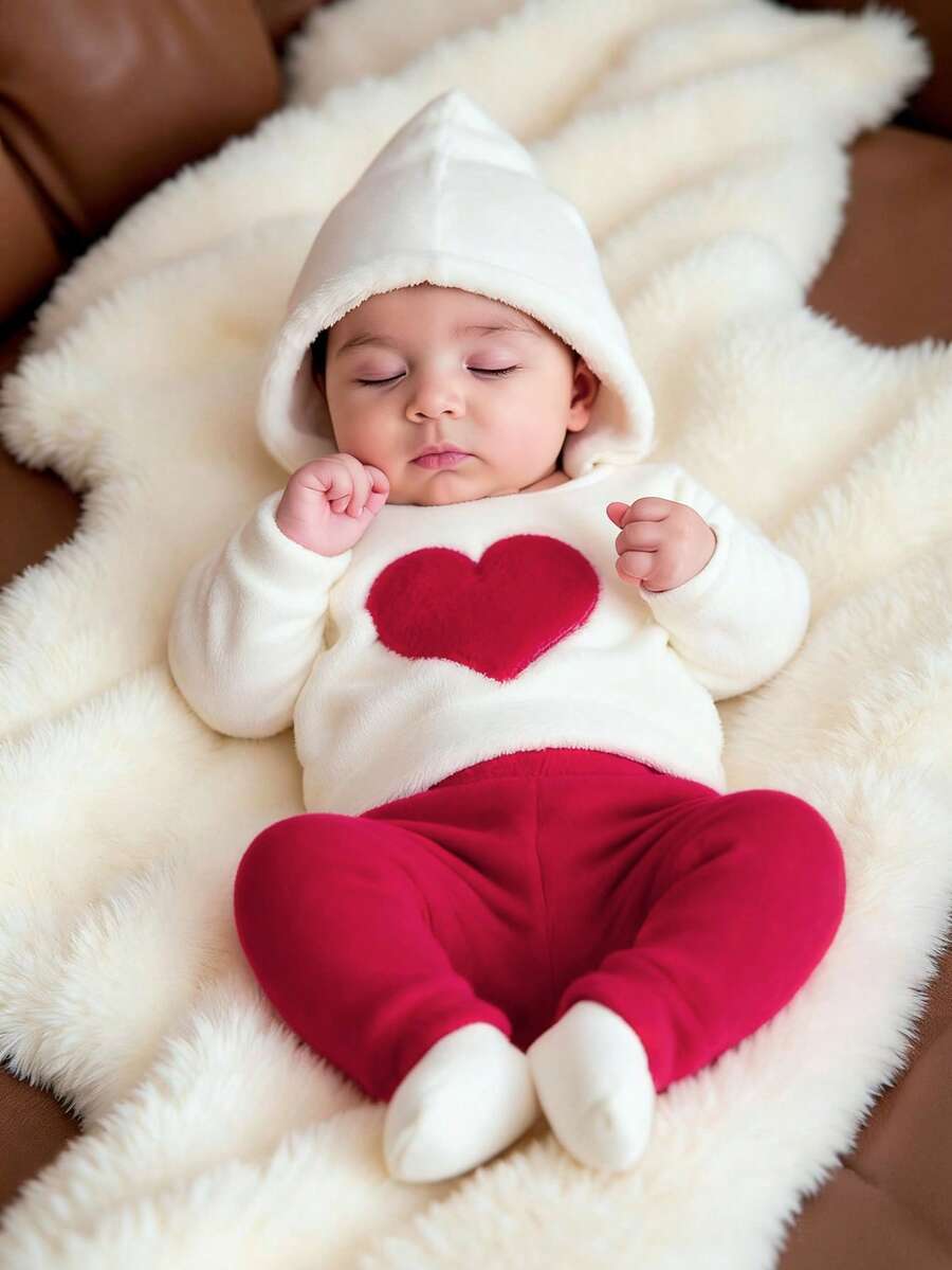 SHEIN 2件套新生女婴暖心爱心刺绣抓绒套装，包括连帽卫衣和裤子，适合秋冬季穿着 - 彩色 - 查看 1