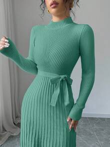 Rafferiza Abito in maglia a maniche lunghe con colletto alto, vita annodata, elegante e minimalista, a campana, in colore unito per donna - Verde - Visualizzare 6