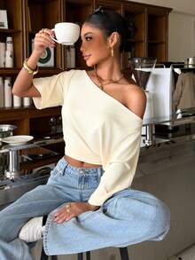 Muchica Women's Asymmetrical Neck Ruched Crop Top For Going Out, Streetwear - Light Yellow - View 4