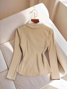 SHEIN Tall Áo thun dài tay ôm sát 2 trong 1 khóa kim loại dành cho nữ, phù hợp để đi làm và đi chơi, mùa xuân/thu - Màu be - Xem 3