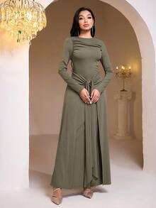 Modelyn 女士优雅纯色连衣裙，适合派对 - 軍綠色 - 查看 3