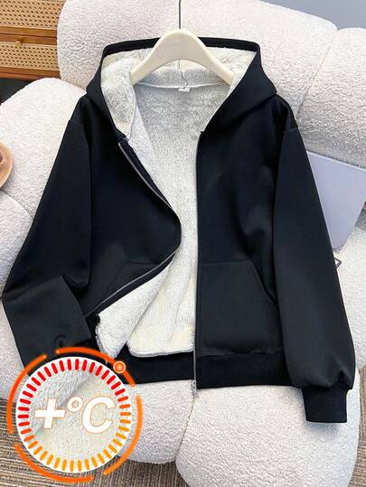 SHEIN Sudadera con capucha negra y peluda para adolescentes, chaqueta forrada térmicamente para ropa de otoño e invierno para niñas