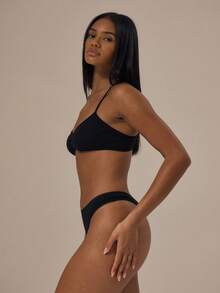 MUSERA ESSENTIALS Pointelle Ruched Front Picot Trim Adjustable Strap Bralet Fall Autumn Winter Cosy Lounge Underwear Lingerie Everyday Basics Essential  Spring Summer Vacation Holiday - Black - View 2