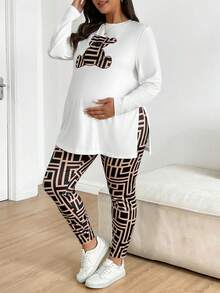 SHEIN 2 pezzi Set di top e pantaloni da maternità, taglie comode, con collo rotondo, maniche lunghe, motivo orsetto e vestibilità slim - Multicolore - Visualizzare 6
