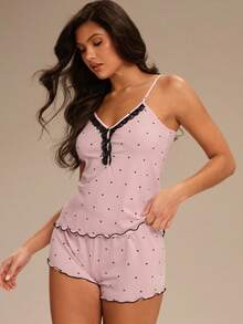 Enchnt Women's Polka Dot Lace Camisole And Shorts Pajama Set - Baby Pink - View 3