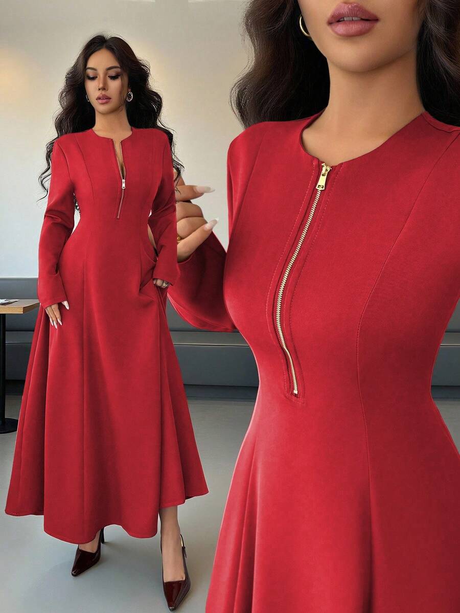 Elenzga Women's Elegant Coffee Brown Round Neck Front Zipper High-End Design Waist Fitted Flared Long Sleeve Midi Dress, Suitable For Commuting In Autumn - Red - View 1