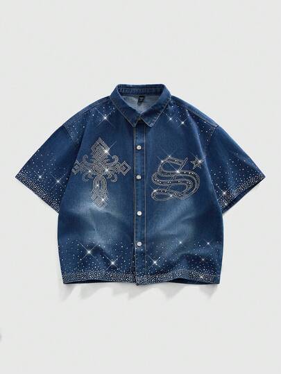 Street Life قميص جينز أنيق بأزرار أمامية مرصع بالراين ذو أكمام قصيرة للرجال