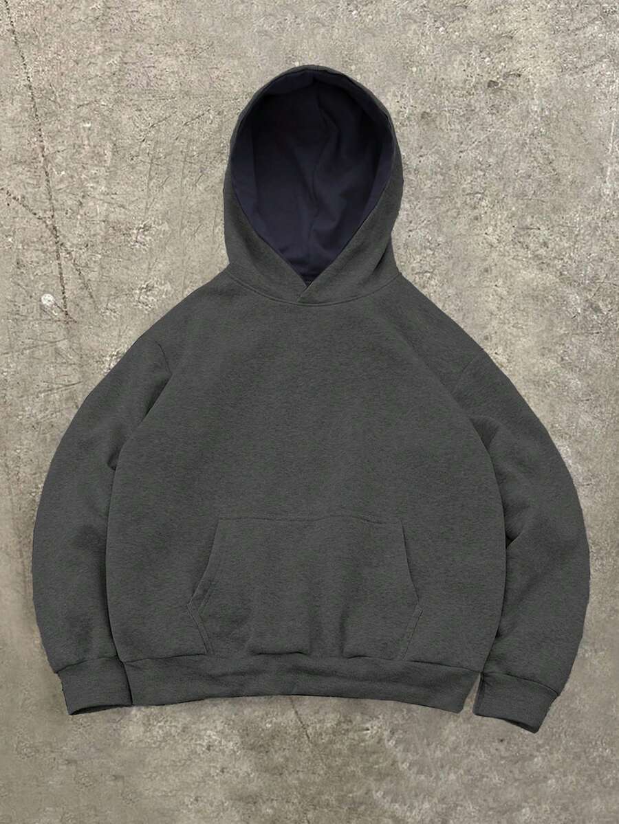 Manfinity Hypemode 藏蓝色连帽长袖保暖套头卫衣，秋冬季藏蓝色纯色连帽衫，男士保暖连帽衫 - 深灰色 - 查看 1