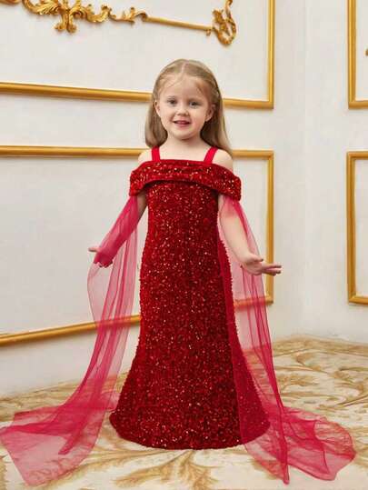Glamorique Kids Young Girl' Elegant Charming Cute Wine Red Spaghetti Strap Off-Shoulder Gauze Waist-Cinching Mermaid Hem Dress, Formal Gown