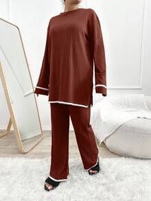 EURMUSE 大码女式罗纹开衩长袖毛衣和宽松长裤，休闲家居套装 - 鏽棕色 - 查看 3