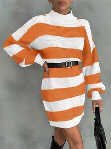EURMUSE Women Drop Shoulder Sweater Dress With Striped Pattern - Orange - View 6