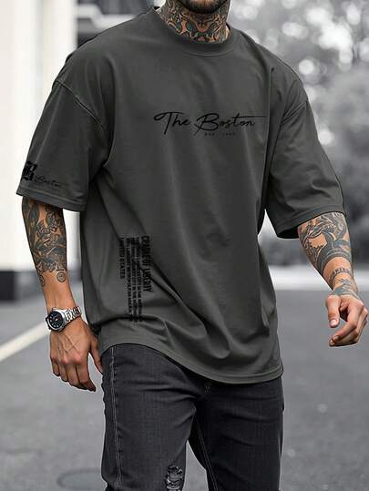 Manfinity LEGND 男士加大码休闲字母图案圆领落肩T恤，夏季