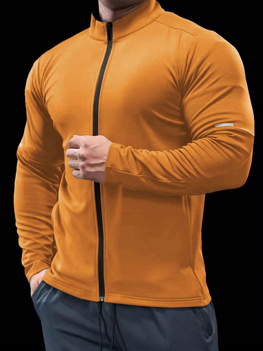 GymBeat 男士休闲拉链立领纯色运动夹克,秋季男士压缩衬衫 - 芥末黃 - 查看 1