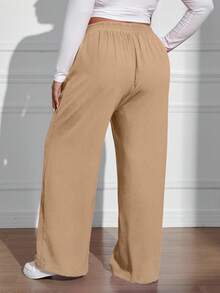 EURMUSE Pantalones sueltos de talla grande de unicolor con cintura elástica y pliegues - Beis - Ver 2