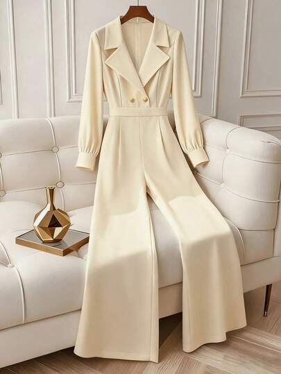 Franclia Women's V-Neck Lapel Long Sleeve Jumpsuit With Metal Buckle, Slim Fit Suit Collar Pants, Suitable For Autumn Office Commute, Versatile Daily Wear, Women's Work Uniform