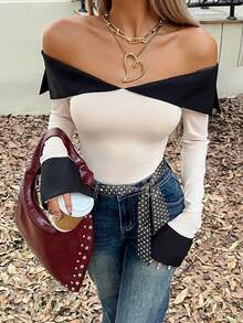 Siren Gaze Women's Autumn Elegant Black And White Off-Shoulder Long Sleeve T-Shirt,Night Out Contrast Color Exposed Shoulder Top With Polka Dot Scarf Belt - Apricot - View 5