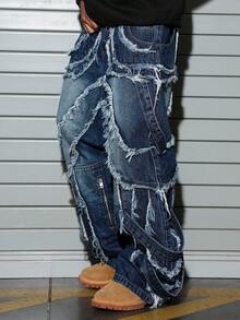 Manfinity EMRG Quần jean nam xanh rách vát viền phong cách đường phố thường ngày - Rửa tối - Xem 8